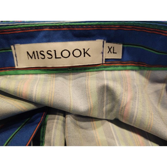 MissLook Mens XL Shirt Band Collar Blue Green Striped Short Sleeve Cuff - Picture 4 of 5